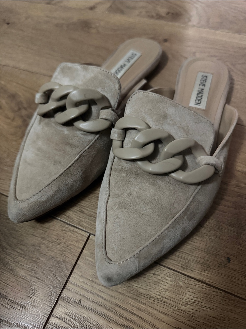 Steve Madden Taupe Suede Pointed Slip-On Mules with Chain Accent